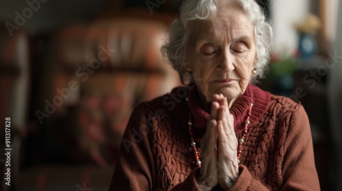 Portrait of senior woman praying while holding Christian symbol of crucifix Old woman praying to god with hope and closed eyes. Elderly believers make a prayer with faith holding rosary in their hands photo