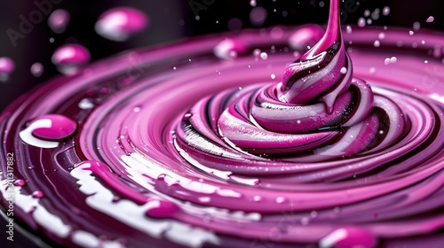  A close-up of a purple swirl with droplets on a black backdrop featuring pink and white swirls