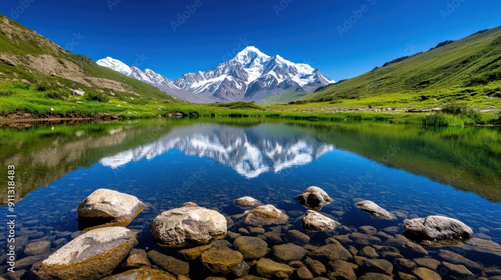 Fototapeta premium Mountain Reflection A clear blue lake reflecting snow-capped mountains under a bright, cloudless sky