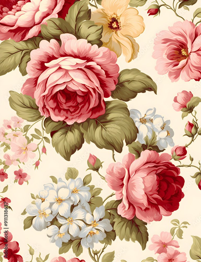 Vintage floral wallpaper with red and pink roses on a cream background ...