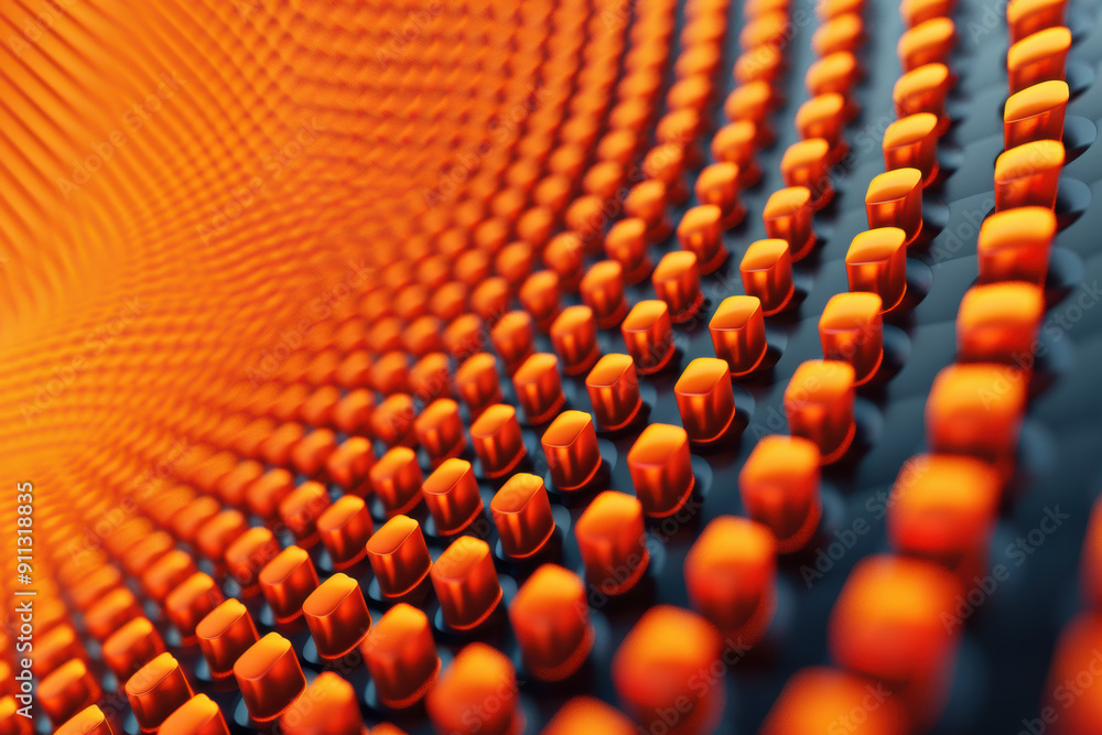 Fototapeta premium Abstract image featuring rows of glowing orange and black spheres arranged in a hypnotic, wave-like pattern, creating a mesmerizing visual effect.