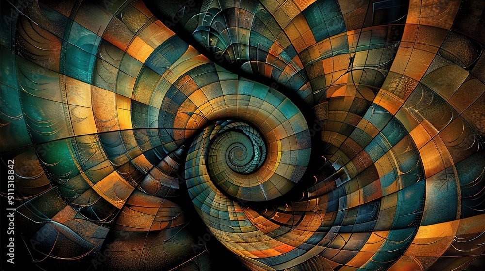 Fototapeta premium A digital illustration of a spiral pattern in shades of blue, orange, yellow, and green set against a dark background
