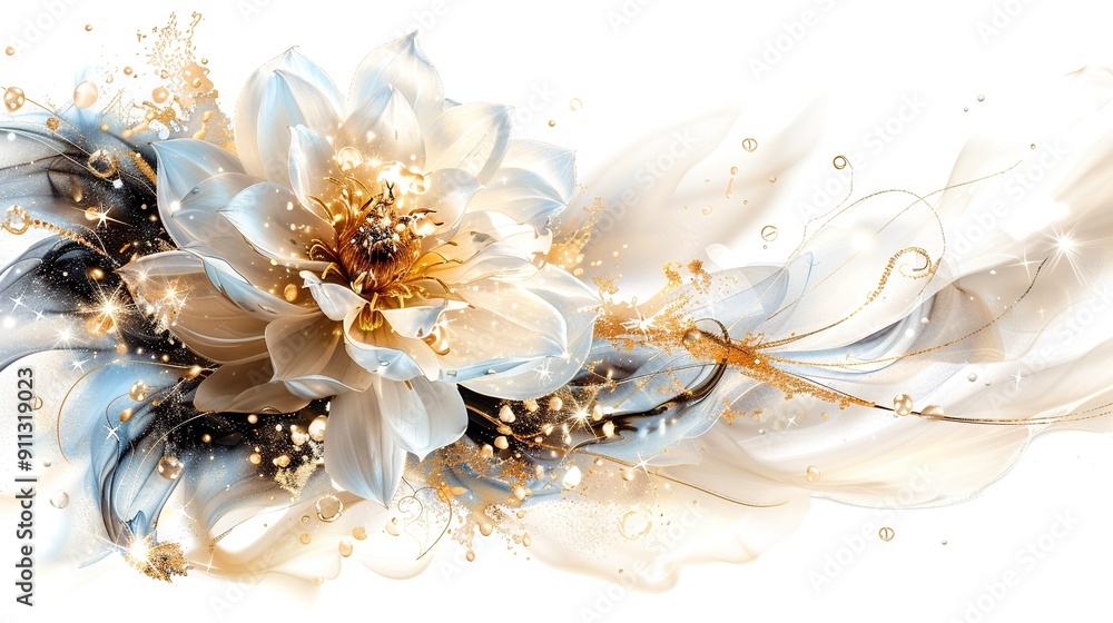 A close-up of a white and blue flower on a white background with golden flecks and sparkling highlights A close-up of a white and blue flower on a white background with golden flecks and sparkling highlights