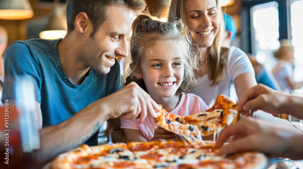 Mom, dad and daughter are eating together pizza at pizzeria. Happy family eating pizza at restaurant. Selective focus. family of three is enjoying pizza together. Birthday at pizzeria, happy hour Mom, dad and daughter are eating together pizza at pizzeria. Happy family eating pizza at restaurant. Selective focus. family of three is enjoying pizza together. Birthday at pizzeria, happy hour
