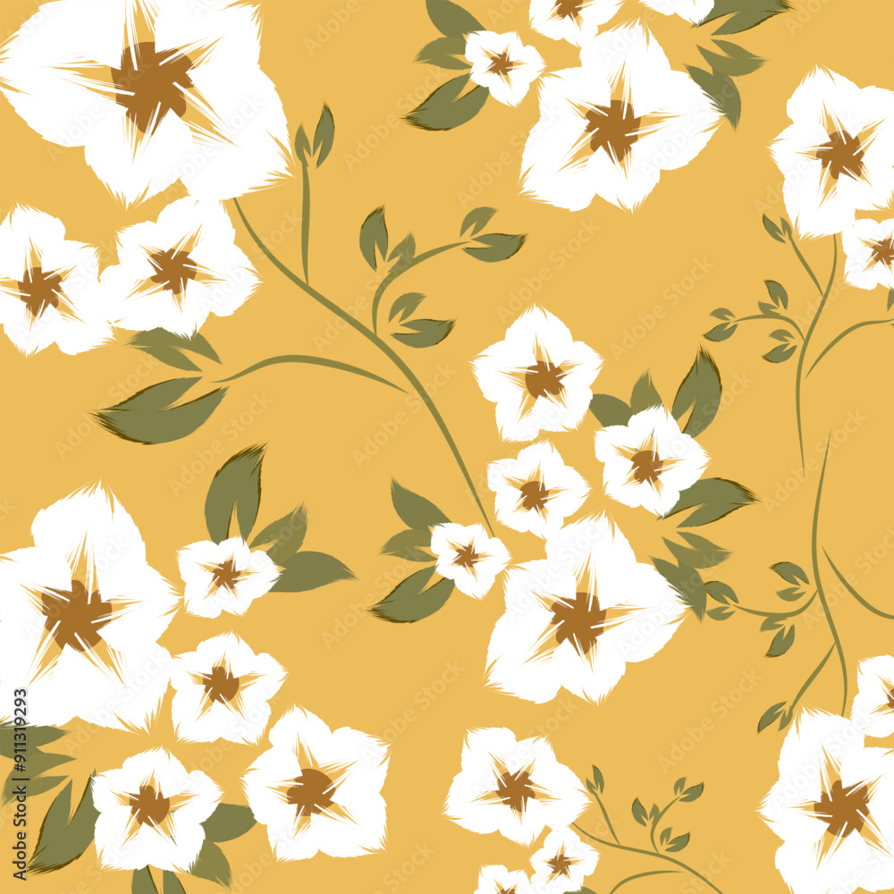 A yellow background with textile of flowers are distributed evenly, creating a balanced and aesthetically pleasing design used in clothes pattern vector A yellow background with textile of flowers are distributed evenly, creating a balanced and aesthetically pleasing design used in clothes pattern vector