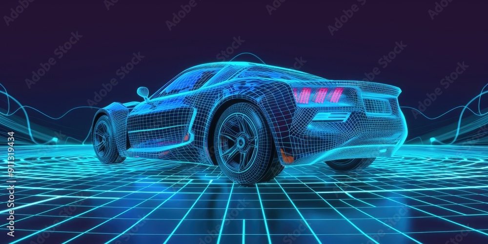 Naklejka premium Futuristic digital wireframe of car concept with blue. Ai generation