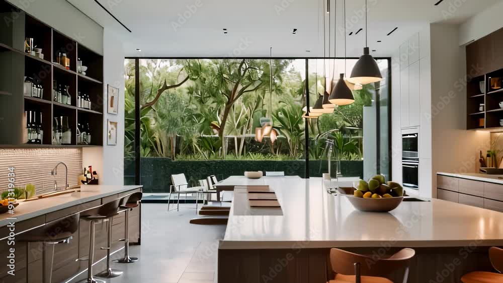 Video footage of modern kitchen interior with a view of an outdoor ...