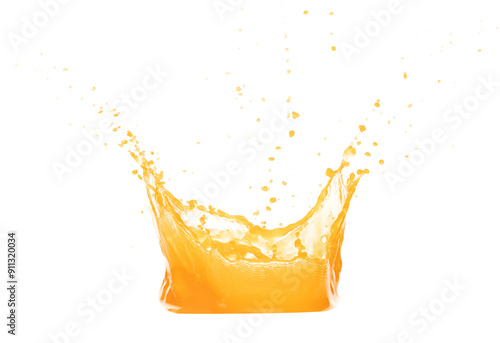 Orange Mango Juice pouring and splash as crown water. Orange Mango Juice explode bubble splash in mid air. Orange juice element water. White background isolated photography