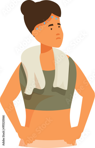Tired sportswoman with towel is wiping sweat from her forehead
