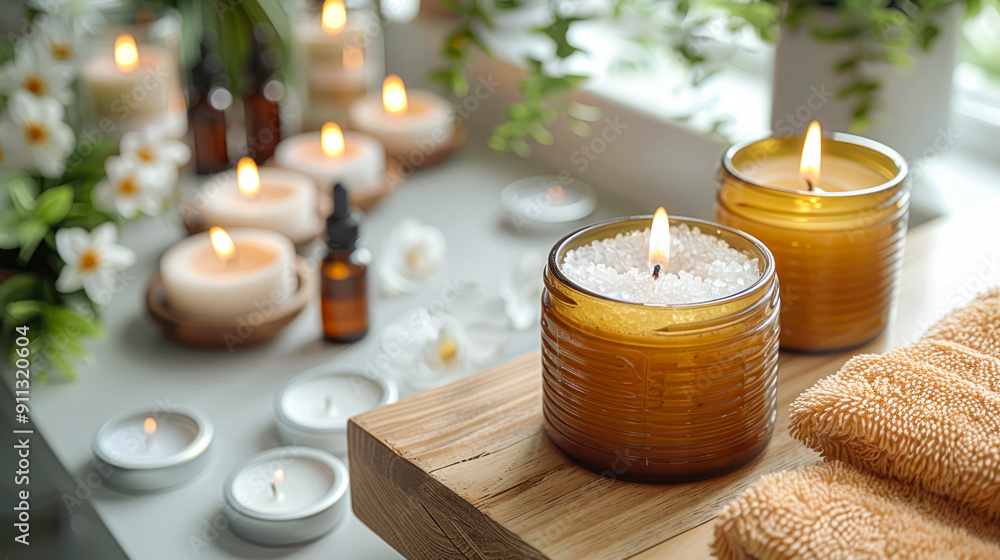 Beauty spa treatment and relax concept. A spa setting with towels, orchids and aromatic candles, creating a calming atmosphere. Special offer. Relaxation and recreation. spa composition Beauty spa treatment and relax concept. A spa setting with towels, orchids and aromatic candles, creating a calming atmosphere. Special offer. Relaxation and recreation. spa composition