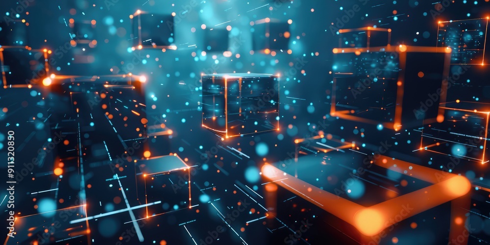 Fototapeta premium Blue Digital Cube Circle Rotation, Technology and Metaverse, Technology Digital Data Network and Blockchain Connection, Abstract Background