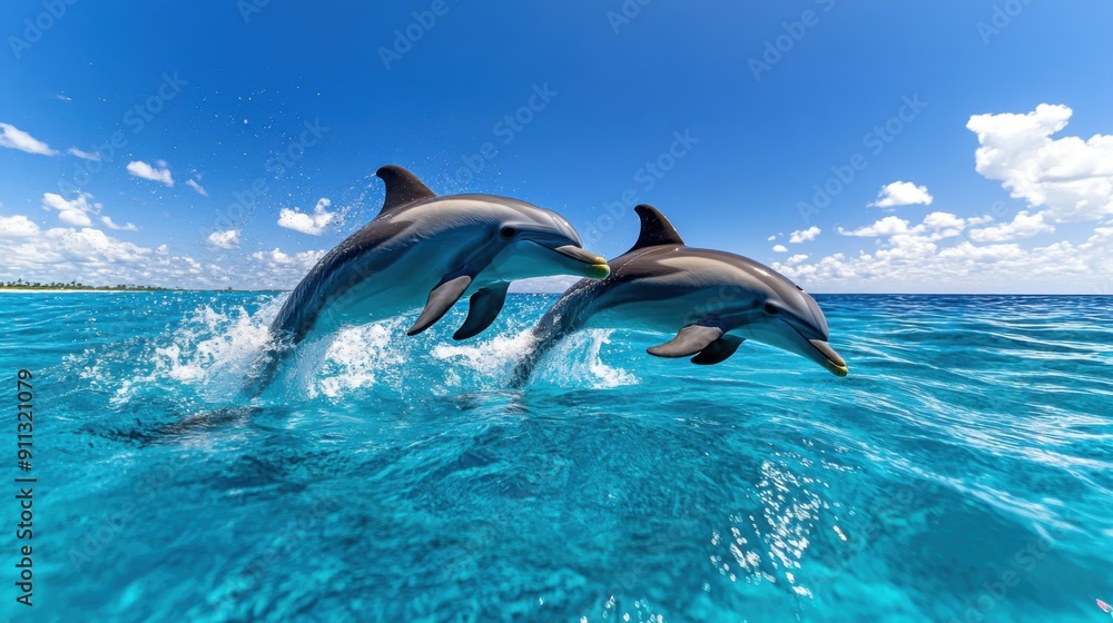 Fototapeta premium Dolphins at Play A pod of dolphins leaping through the waves in a sparkling blue sea under a clear sky