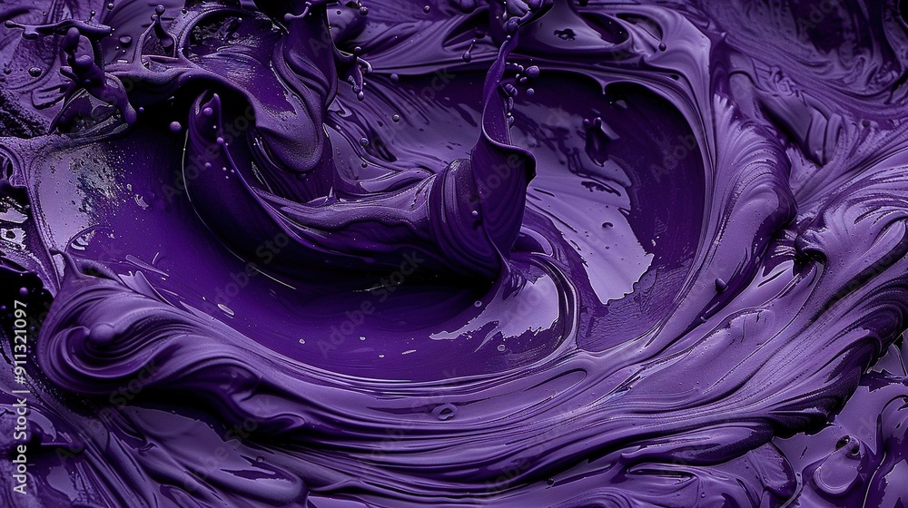 A high-resolution image of a vivid purple liquid with numerous water droplets surrounding it A high-resolution image of a vivid purple liquid with numerous water droplets surrounding it
