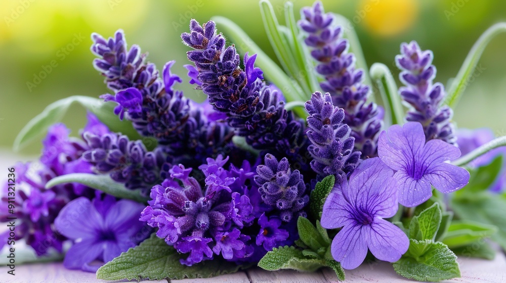 A cluster of purple blossoms resting atop a wooden surface, in front of a lush green foliage on the same wooden base A cluster of purple blossoms resting atop a wooden surface, in front of a lush green foliage on the same wooden base