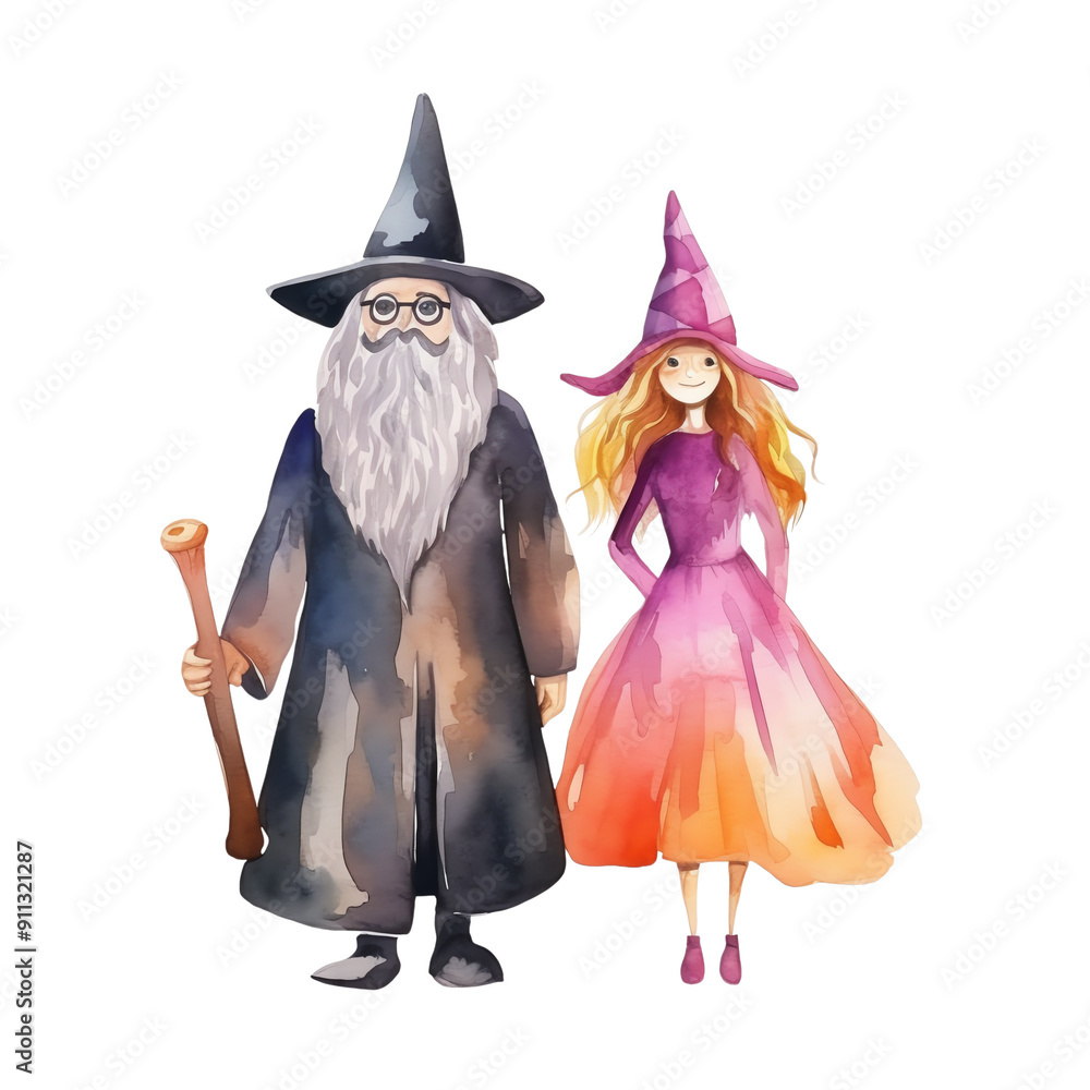 Watercolor illustration of a wizard and witch in colorful costumes, perfect for fantasy and Halloween themes. Watercolor illustration of a wizard and witch in colorful costumes, perfect for fantasy and Halloween themes.