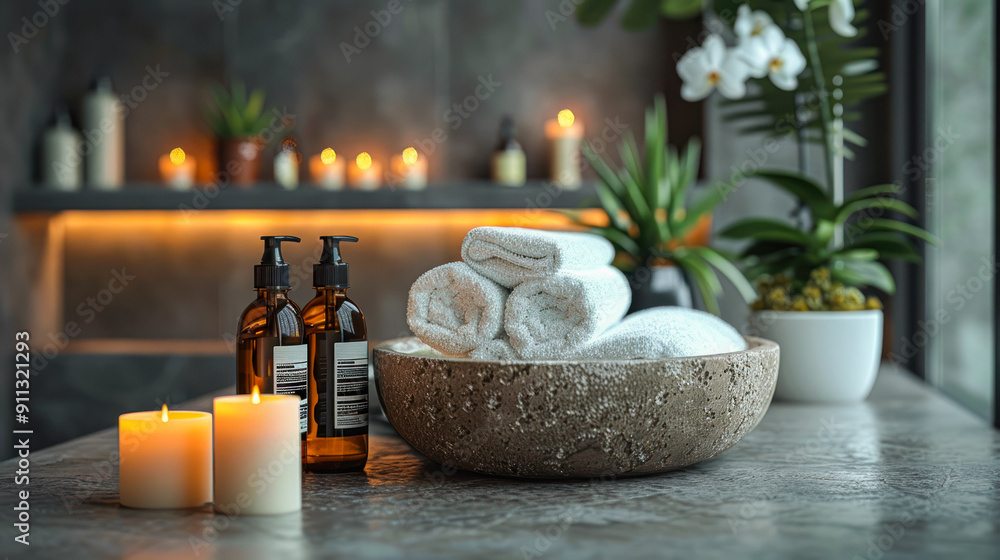 A spa setting with rolled towels, orchids and aromatic candles, creating a calming atmosphere. Beautiful spa composition with towels, candles and sea salt. Beauty spa treatment and relax concept. A spa setting with rolled towels, orchids and aromatic candles, creating a calming atmosphere. Beautiful spa composition with towels, candles and sea salt. Beauty spa treatment and relax concept.