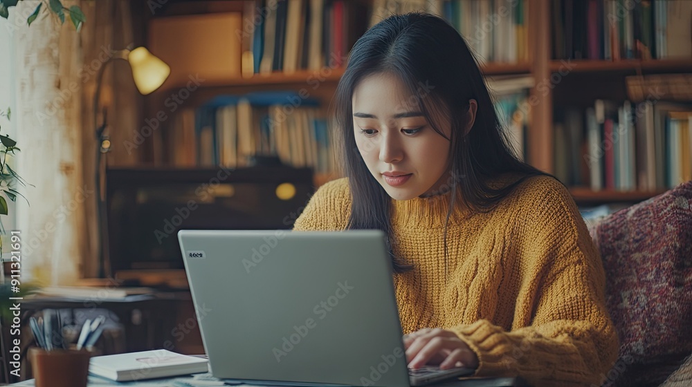 Asian woman studying for exams, using laptop for research, writing notes in a cozy home environment.