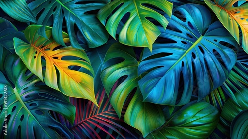   Close-up image of lush green and yellow foliage with vibrant blue and yellow undertones at the base photo