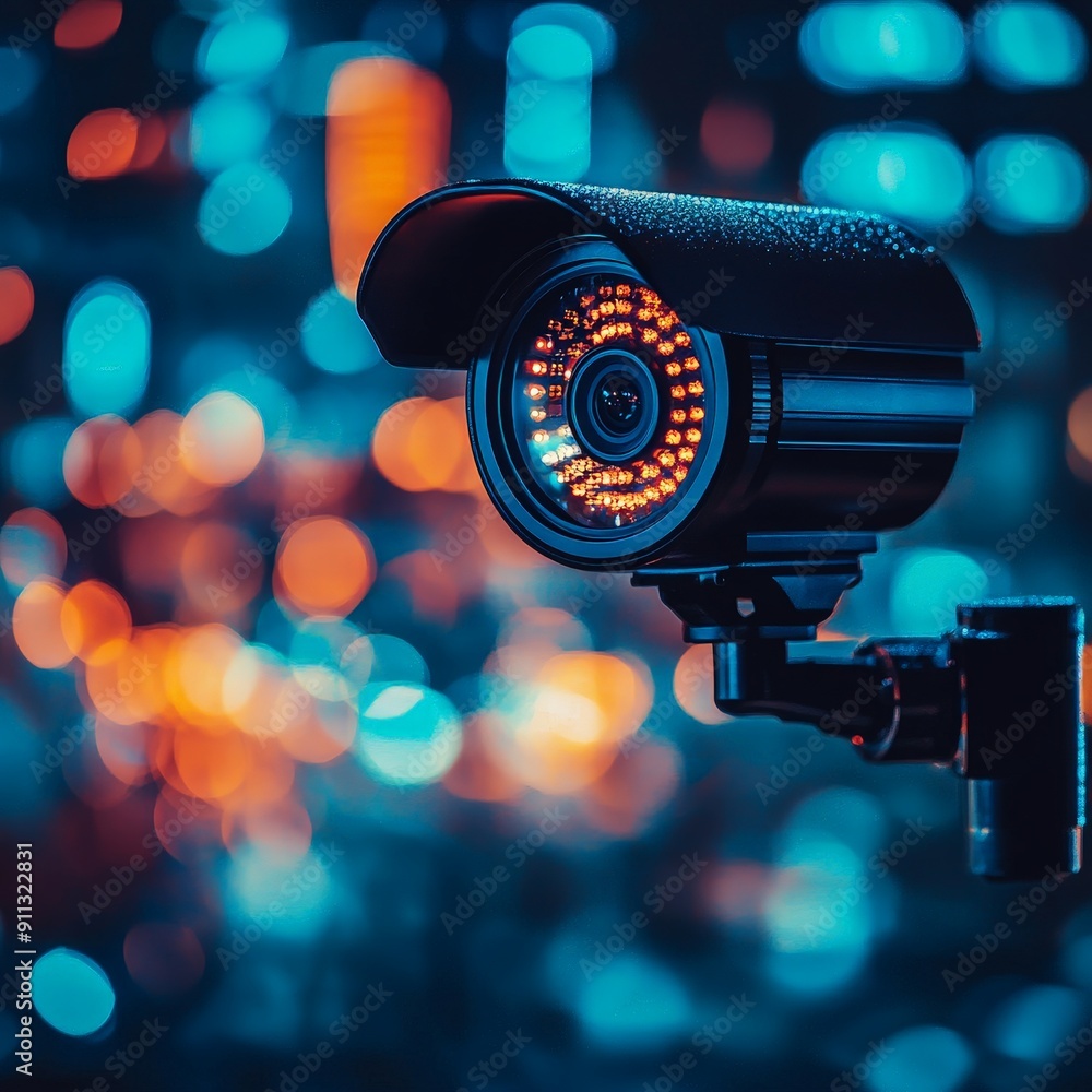 Modern Security Camera on Blue Background Modern Security Camera on Blue Background