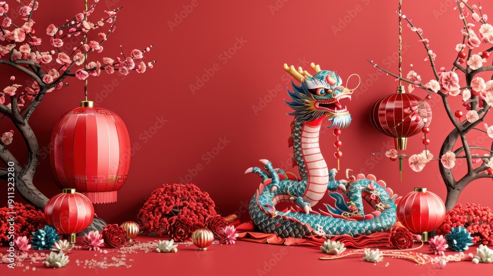 Festive Chinese New Year Dragon on Red Background with Traditional Decorations Festive Chinese New Year Dragon on Red Background with Traditional Decorations
