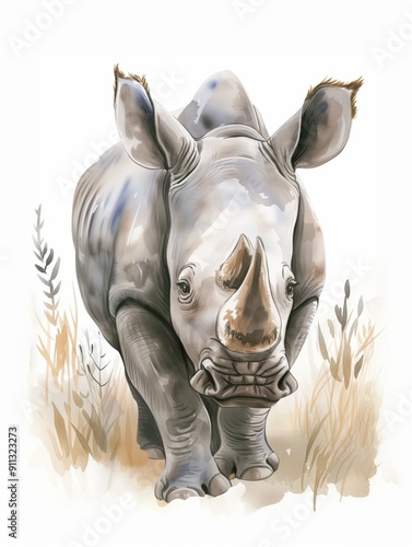 Watercolor Illustration of a White Rhinoceros in Grass