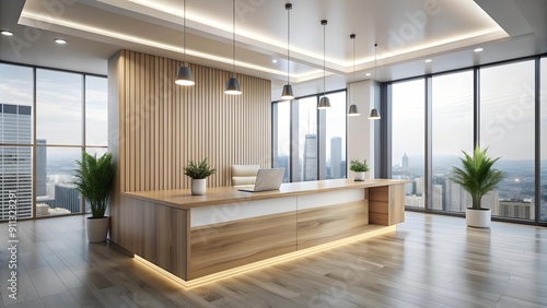 Sleek and Minimalist Modern Reception Desk in the Heart of a Bright and Open Office AI Generated