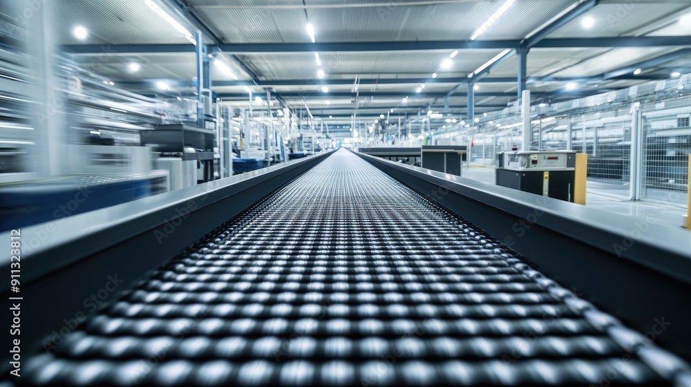 Fototapeta premium Clean and empty conveyor belt in a state-of-the-art factory setting, showcasing precision engineering.