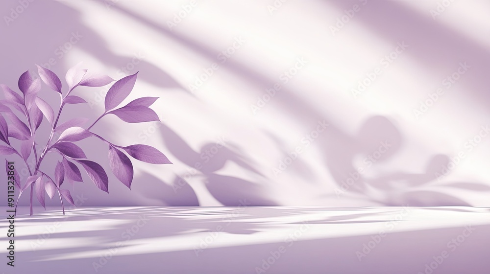 Clean and minimalist backdrop with white and purple tones, leaf shadows providing a serene ambiance. Clean and minimalist backdrop with white and purple tones, leaf shadows providing a serene ambiance.