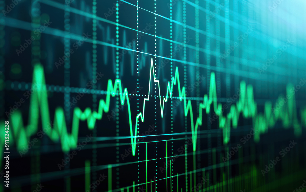 Digital financial chart showing stock market data with green lines and grid background, great for finance and investment topics.