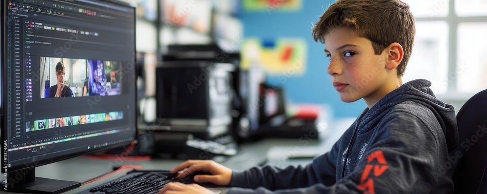Young boy focused on video editing using computer in a classroom, wearing a hoodie. Young boy focused on video editing using computer in a classroom, wearing a hoodie.