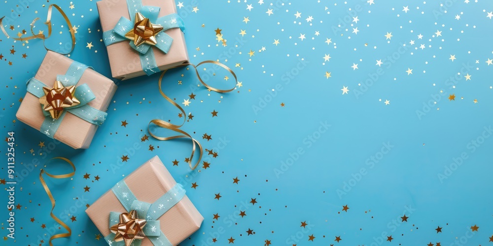 Gift boxes on a blue background with golden stars on top. Ai generation Gift boxes on a blue background with golden stars on top. Ai generation