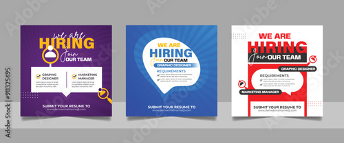 We are hiring job vacancy social media post template set, vacant recruitment marketing web banner square flyer poster design.	