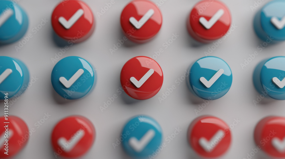 A collection of red and blue checkmark buttons arranged in a grid pattern, symbolizing choice, approval, and decision-making processes. A collection of red and blue checkmark buttons arranged in a grid pattern, symbolizing choice, approval, and decision-making processes.