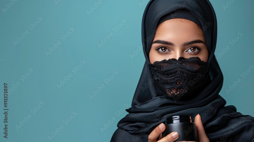 Mysterious Woman in Black Hijab Holding a Jar Mysterious Woman in Black Hijab Holding a Jar
