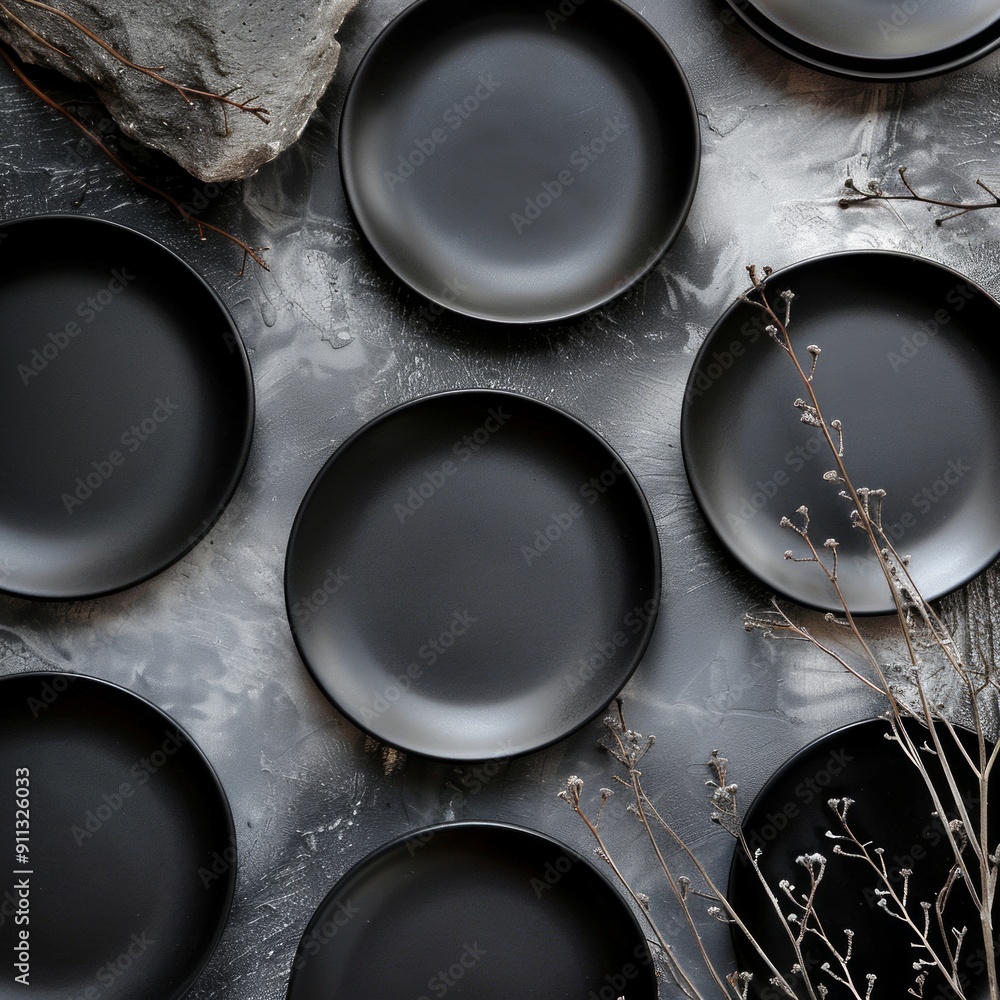 Elegant black round plates arranged on a marbled background with natural elements. Perfect for showcasing a minimalist and modern dining style. Suitable for culinary presentations and home decor. AI Elegant black round plates arranged on a marbled background with natural elements. Perfect for showcasing a minimalist and modern dining style. Suitable for culinary presentations and home decor. AI