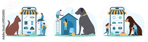 Pet care and online shopping set. Tiny people building dog kennel for cute giant puppy, choose food and toys purchases in menu on smartphone screen for dog and cat cartoon vector illustration