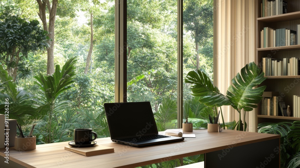 Modern Home Office with Greenery View: Remote Work Desk with Natural Light and Laptop Modern Home Office with Greenery View: Remote Work Desk with Natural Light and Laptop