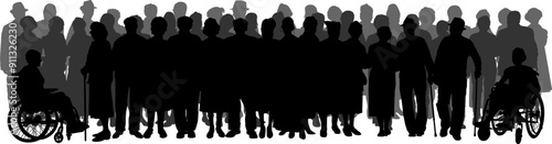 Trois rangées de silhouettes de personnes à mobilité réduite et en situation de handicap