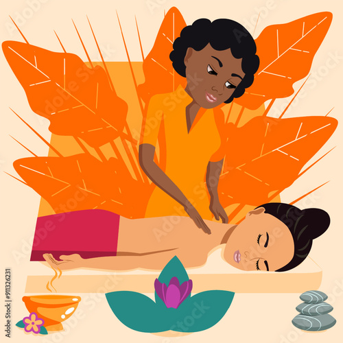 Swedish massage with professional massage therapist in spa. African and Middle Eastern ethnicity. Isolated flat vector illustration.