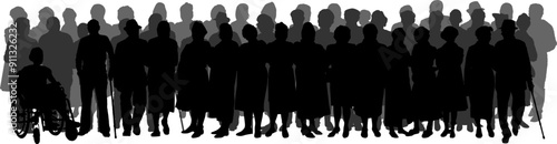Trois rangées de silhouettes de personnes à mobilité réduite et en situation de handicap