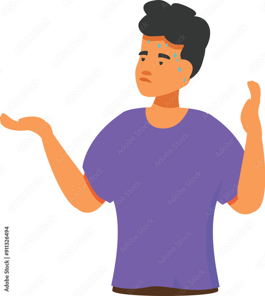 Young man is sweating and gesturing with his hands, feeling anxious and insecure Young man is sweating and gesturing with his hands, feeling anxious and insecure