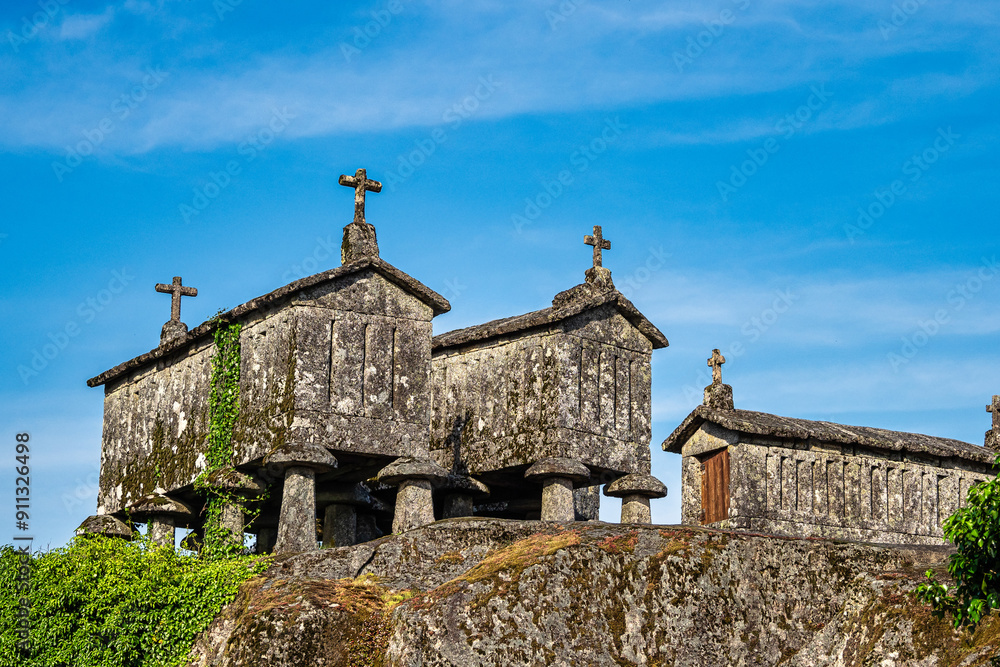 The communitarian granaries, called espigueiros, in the village of Soajo, Peneda National Park, Northern Portugal The communitarian granaries, called espigueiros, in the village of Soajo, Peneda National Park, Northern Portugal