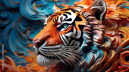 Wallpaper Mural Abstract tiger portrait with vibrant swirls, orange and blue colors, creative artwork, wall decor. Generative AI Torontodigital.ca