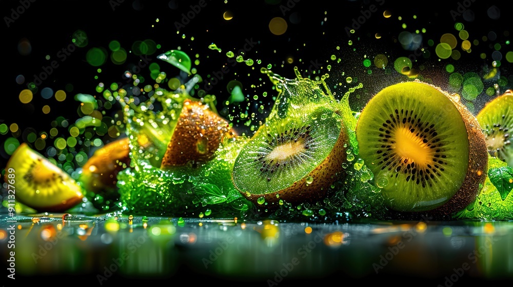 A cluster of cut kiwis stacked atop one another on top of a water-covered surface, featuring droplets A cluster of cut kiwis stacked atop one another on top of a water-covered surface, featuring droplets