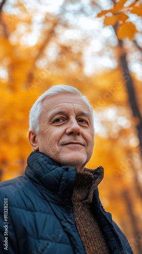 Portrait of senior man in the forest in autumn