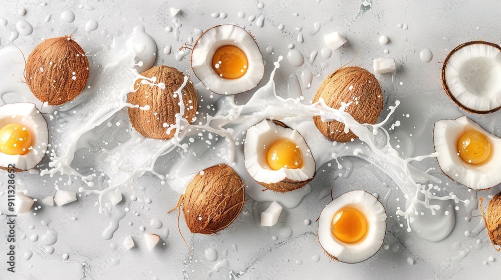 Table topped with eggs and coconuts, milk spilling out of them..Table covered in milk splashing out from eggs and coconuts on top Table topped with eggs and coconuts, milk spilling out of them..Table covered in milk splashing out from eggs and coconuts on top