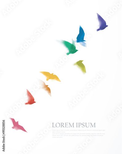 Rainbow birds in sumi-e style on a white background. Symbol of  LGBTQ pride