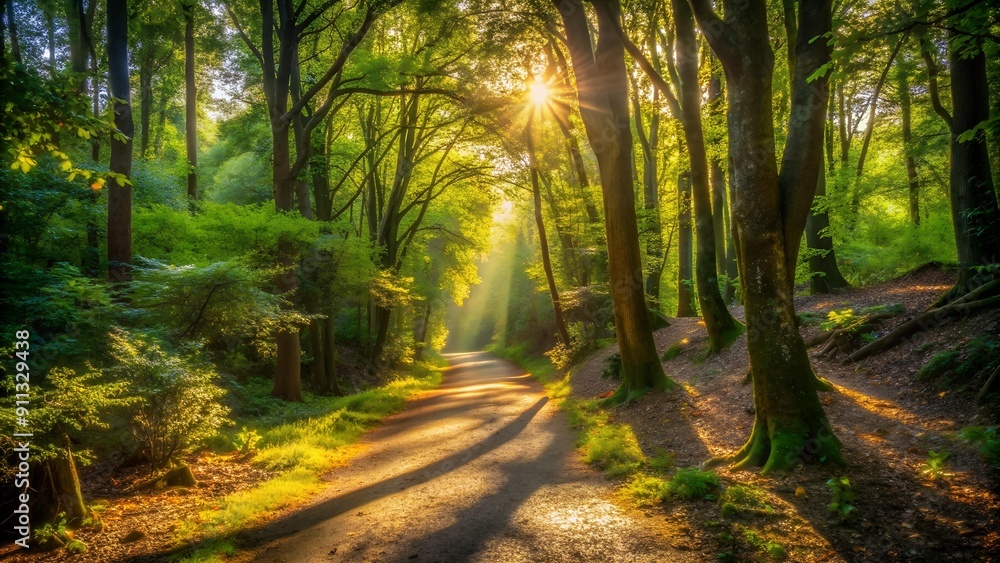 Obraz premium Sun-Dappled Forest Path AI Generated