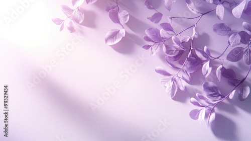 Elegant white and purple background with leaf shadows, creating a serene studio setting for showcasing products.