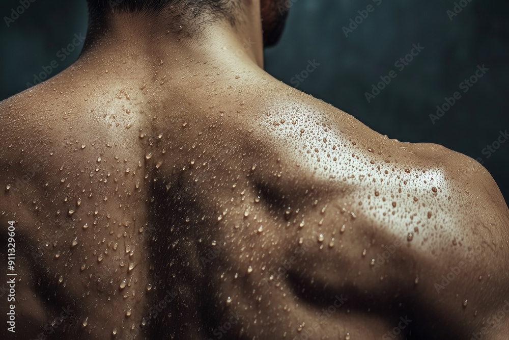 Detailed close-up of a muscular male back covered in sweat droplets, highlighting physical strength, fitness, and intense workout effort Detailed close-up of a muscular male back covered in sweat droplets, highlighting physical strength, fitness, and intense workout effort